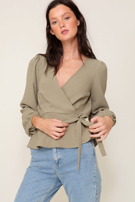 Olive Mustard Brooklyn Airflow Surplice Top With Self Tie