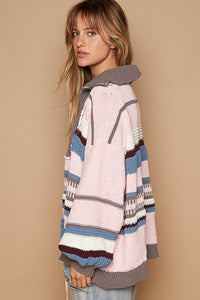 Pink/Grey Multi High Collar Half Zipper Ethnic Color Block Sweater