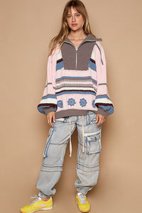 Pink/Grey Multi High Collar Half Zipper Ethnic Color Block Sweater