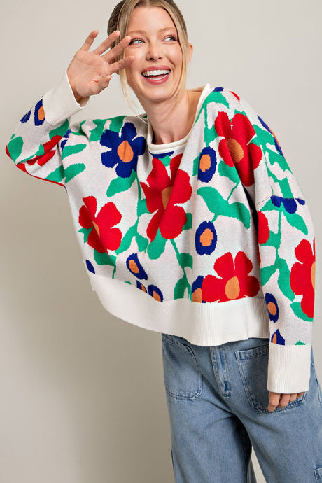 Off White Floral Pattern Knit Top