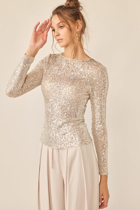 Beige/Silver Sequin Long Sleeve Top