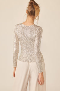Beige/Silver Sequin Long Sleeve Top