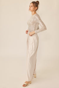Beige/Silver Sequin Long Sleeve Top