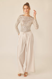 Beige/Silver Sequin Long Sleeve Top