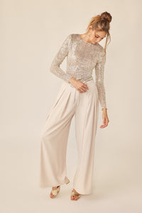 Beige/Silver Sequin Long Sleeve Top
