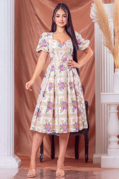 Purple Multi Glitter Flower Midi Dress