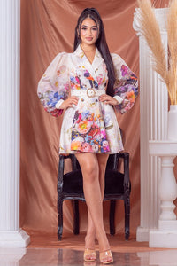 White Multi Flower Print Blazer Mini Dress