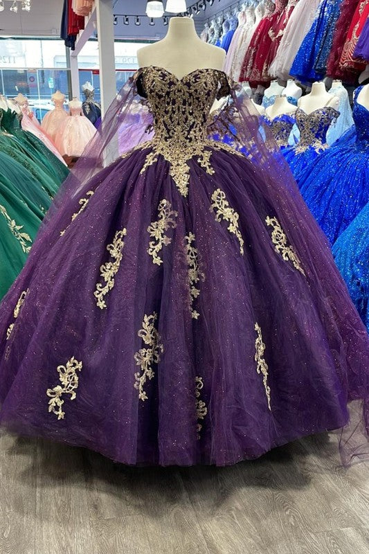 purple and gold quince dresses Rachel Allan RQ3151 Beaded Ball Gown Long Quinceanera Dress The Dress Outlet flowing tulle material that gives it a delicate and elegant appearance Lilac Quinceaera Dress Big Bow