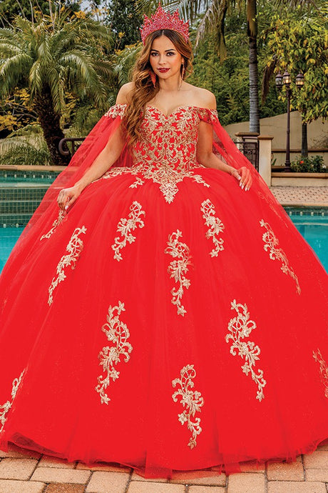 Red Off Shoulder Cape Sleeve Ball Gown