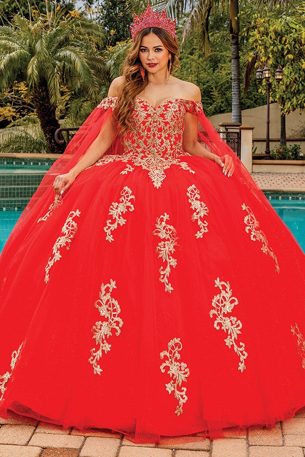 Red Off Shoulder Cape Sleeve Ball Gown