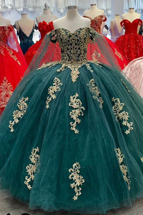 Hunter Green Off Shoulder Cape Sleeve Ball Gown