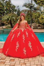 Red Off Shoulder Cape Sleeve Ball Gown