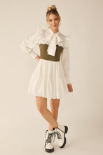Off White Olive Long Sleeve Two Tone Ribbon Neckline Mini Dress