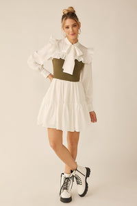 Off White Olive Long Sleeve Two Tone Ribbon Neckline Mini Dress