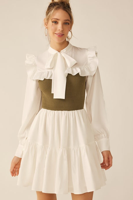 Off White Olive Long Sleeve Two Tone Ribbon Neckline Mini Dress