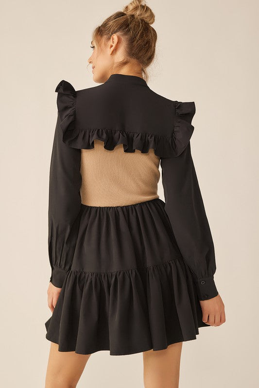 Black Mocha Long Sleeve Two Tone Ribbon Neckline Mini Dress