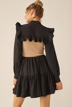 Black Mocha Long Sleeve Two Tone Ribbon Neckline Mini Dress