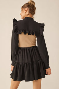Black Mocha Long Sleeve Two Tone Ribbon Neckline Mini Dress