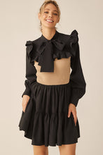 Black Mocha Long Sleeve Two Tone Ribbon Neckline Mini Dress