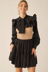 Black Mocha Long Sleeve Two Tone Ribbon Neckline Mini Dress