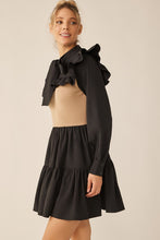 Black Mocha Long Sleeve Two Tone Ribbon Neckline Mini Dress