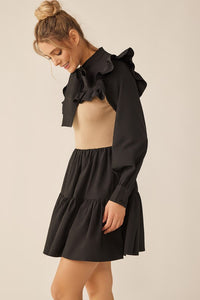 Black Mocha Long Sleeve Two Tone Ribbon Neckline Mini Dress