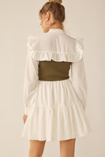 Off White Olive Long Sleeve Two Tone Ribbon Neckline Mini Dress
