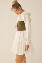 Off White Olive Long Sleeve Two Tone Ribbon Neckline Mini Dress