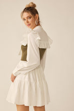 Off White Olive Long Sleeve Two Tone Ribbon Neckline Mini Dress