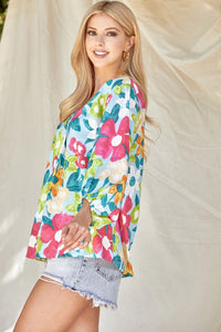 Blue/Fuchsia Floral Blouse Top