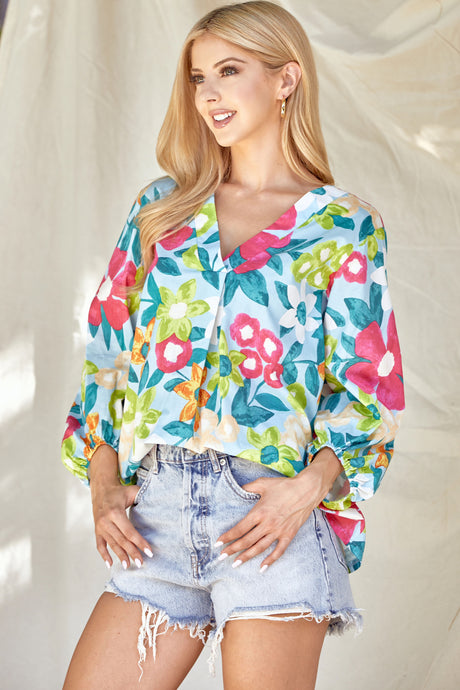 Blue/Fuchsia Floral Blouse Top