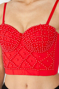 Red Pearl Criss Cross Pattern Corset Crop Top