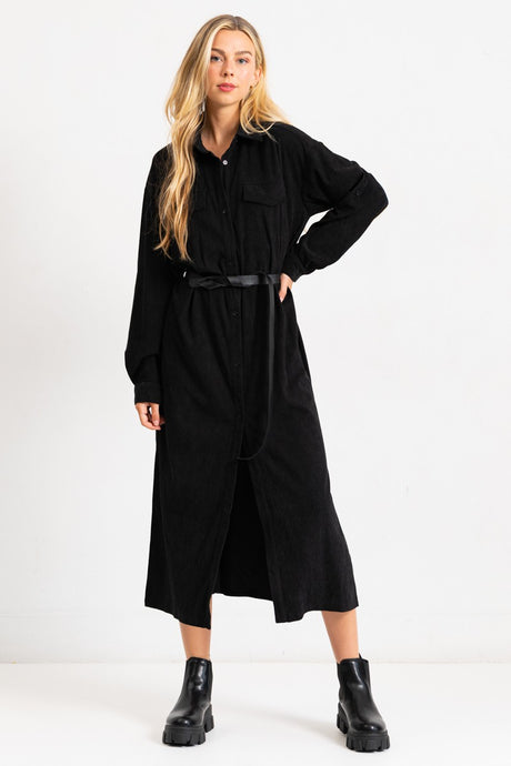 Black Corduroy Roll Up Sleeve Shirt Dress With Belt