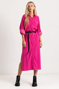 Hot Pink Corduroy Roll Up Sleeve Shirt Dress With Belt