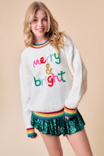 White Merry & Bright Sparkle Letter Rainbow Rib Sweater