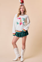 White Merry & Bright Sparkle Letter Rainbow Rib Sweater