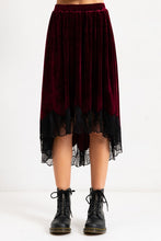 Burgundy Velvet Elastic Waistband Hi-Low Midi Skirt W Lace