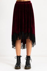 Burgundy Velvet Elastic Waistband Hi-Low Midi Skirt W Lace