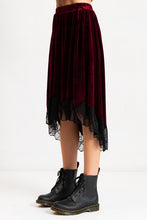 Burgundy Velvet Elastic Waistband Hi-Low Midi Skirt W Lace