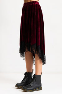 Burgundy Velvet Elastic Waistband Hi-Low Midi Skirt W Lace