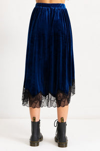 Navy Blue Velvet Elastic Waistband Hi-Low Midi Skirt W Lace