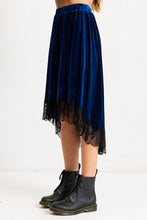 Navy Blue Velvet Elastic Waistband Hi-Low Midi Skirt W Lace