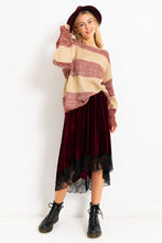Burgundy Velvet Elastic Waistband Hi-Low Midi Skirt W Lace
