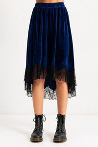 [LOW CLASSIC] / ☆ 25SS LACE MIDI SKIRT / BLUE NAVY Navy Blue Velvet Elastic Waistband Hi-Low Midi Skirt W Lace