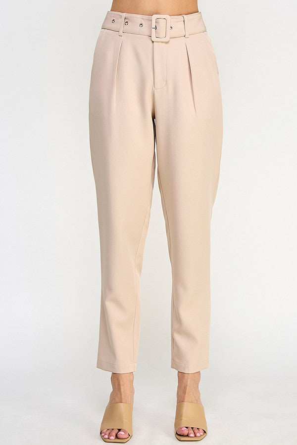 Ivory High Waist Pants With Belt Detail