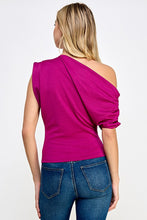 Fuchsia Asymmetrical Sleeve Top With Ruching Detail