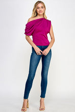 Fuchsia Asymmetrical Sleeve Top With Ruching Detail