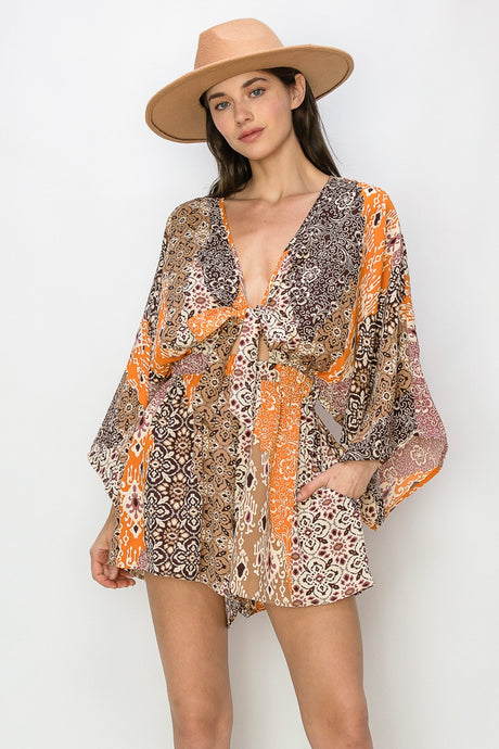 Orange Multi Batwing Sleeved Boho Paisley Print Romper