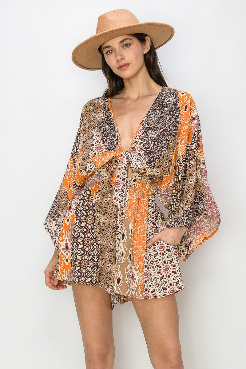 Orange Multi Batwing Sleeved Boho Paisley Print Romper
