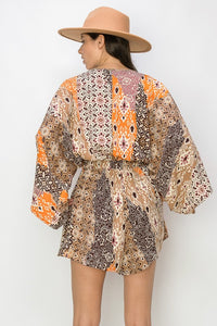 Orange Multi Batwing Sleeved Boho Paisley Print Romper